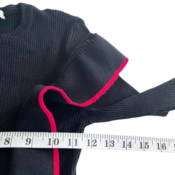 Loredana Black Ribbed Knit Red Trim Asymmetric Ruffle Crewneck Sweater Size M - Picture 5 of 8